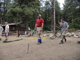 Throwing 'shoes in front of the Clark's Fork Cabin